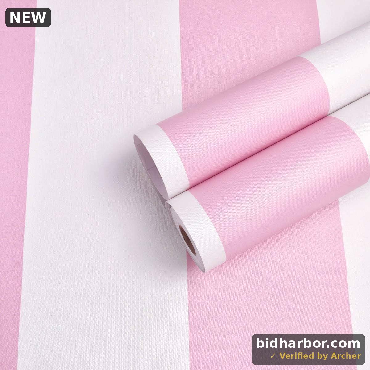 PoetryHome Self Adhesive Vinyl Pink and White Stripe Peel and Stick Wallpaper Shelf Liner for Walls Nursery Girls Bedroom Cabinets Dresser Drawer Furniture Decal Removable Waterproof 17.7x117 Inches