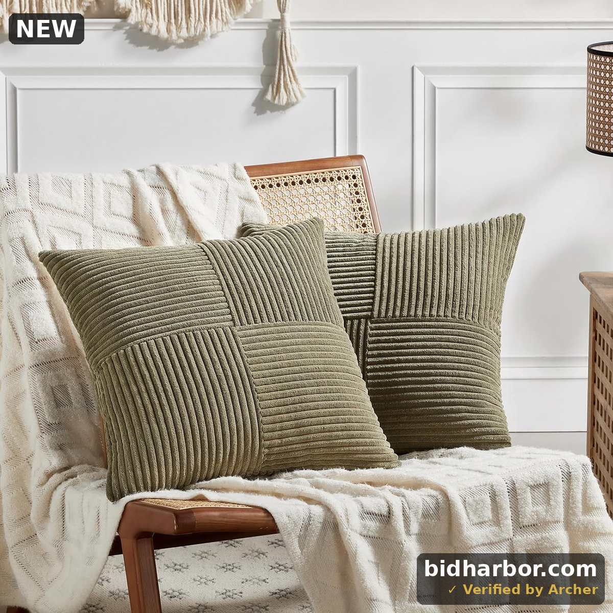 Fancy Homi 2 Packs Olive Green Decorative Throw Pillow Covers 18x18 Inch for Living Room Couch Bed Sofa, Rustic Farmhouse Boho Home Decor, Soft Corss Corduroy Patchwork Textured Cushion Case 45x45 cm