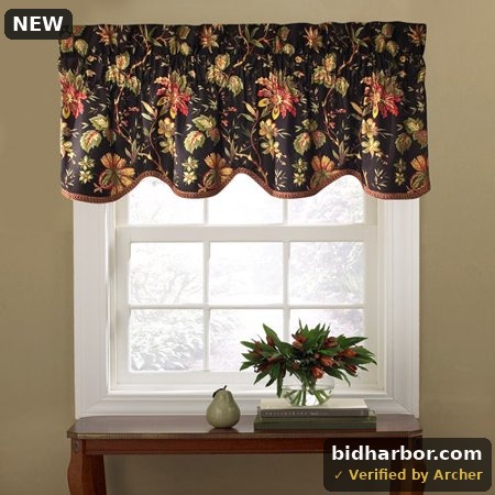 Waverly Felicite Noir Jacobean Floral Cotton 50 in. W X 15 in. L Light Filtering Single Rod Pocket Scalloped Valance