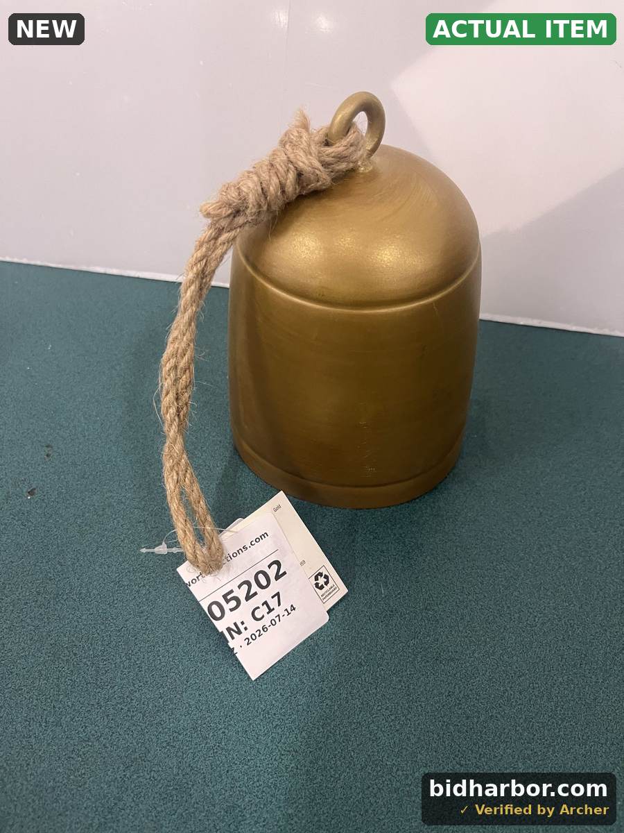 Gold Metal Decorative Bell with Jute Rope Hanger, approx. 8 in.