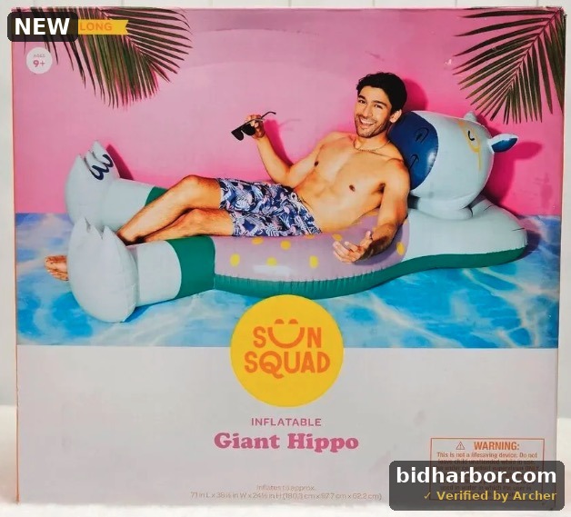 Sun Squad- Inflatable 5 Ft 11 in. Long Giant Hippo Float - Ages 9 & up
