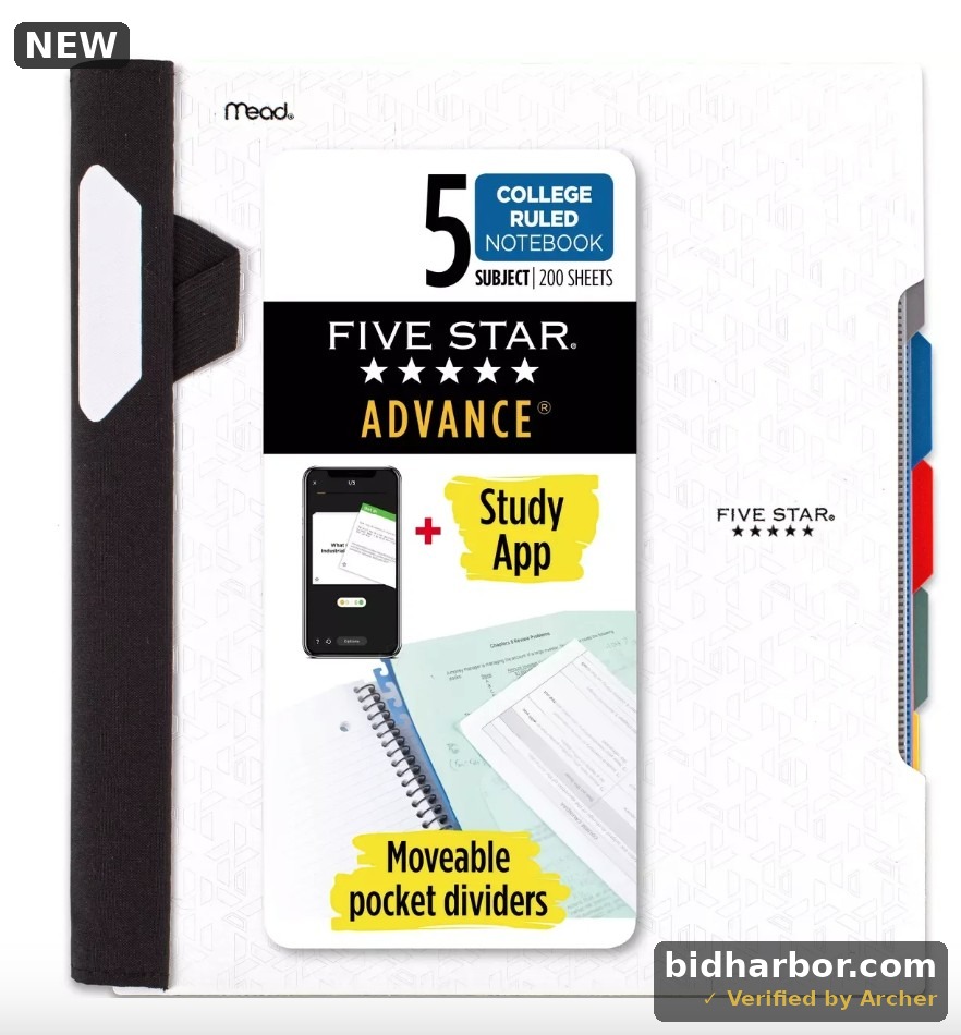 Five Star 300 Sheets 5 Subject College Ruled Spiral Notebook with Pocket Dividers White