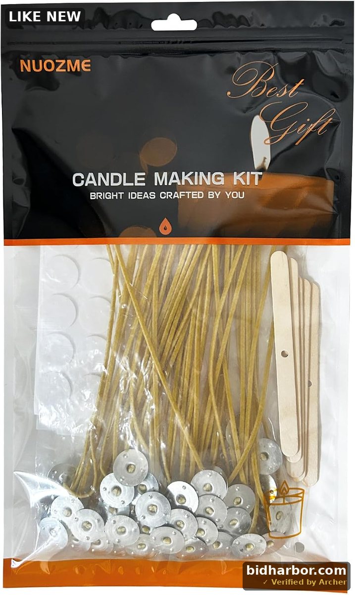 50-Piece 8-Inch Natural Beeswax Pre-Waxed Candle Wicks with 60 Stickers and 5 Centering Devices