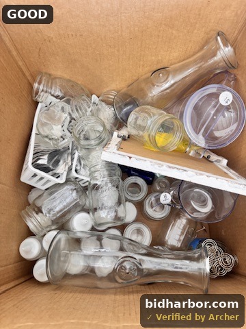 Glassware & Event Decor Box Lot — Mason Jars, Vases, Bottles, Chalkboard Sign & Place-Card Holders