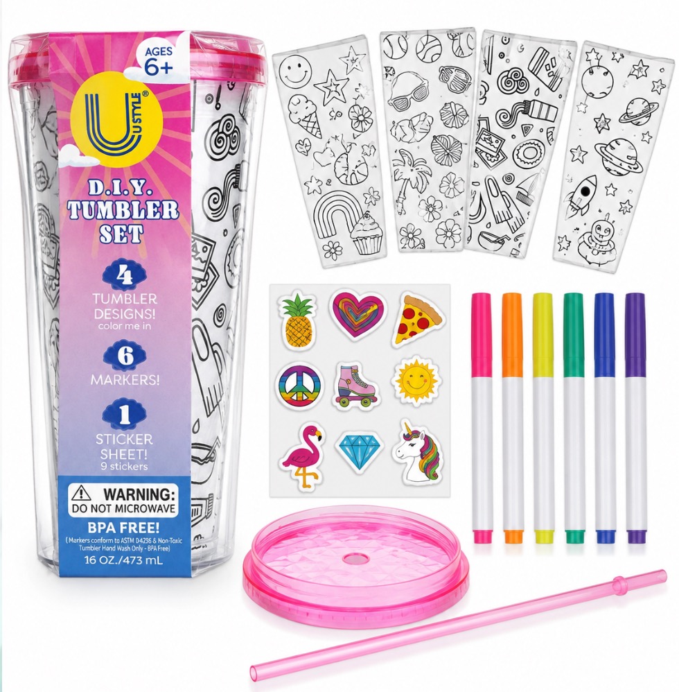 NEW U Style D.I.Y. Color-In Tumbler Craft Set – Ages 6+ (16 oz)