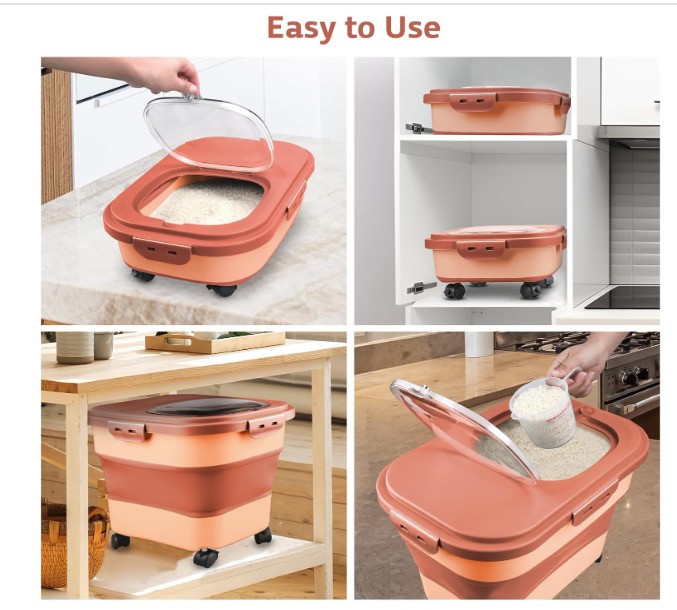 Collapsible Airtight Pet Food & Rice Storage Container with Wheels (please review all images for the actual color)