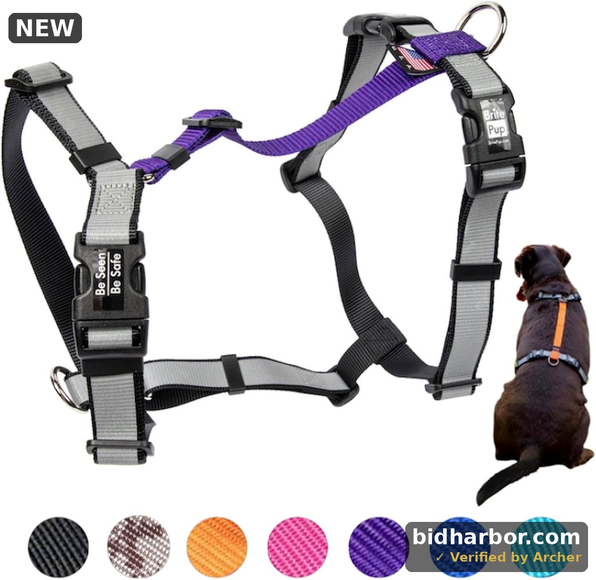 No Pull Harness with Fully Customizable Fitment for Large Dogs - 3M Reflective Heavy Duty Harness for Walking &amp; Training - No Choke Comfortable Collar Design, Made in USA L-Purple