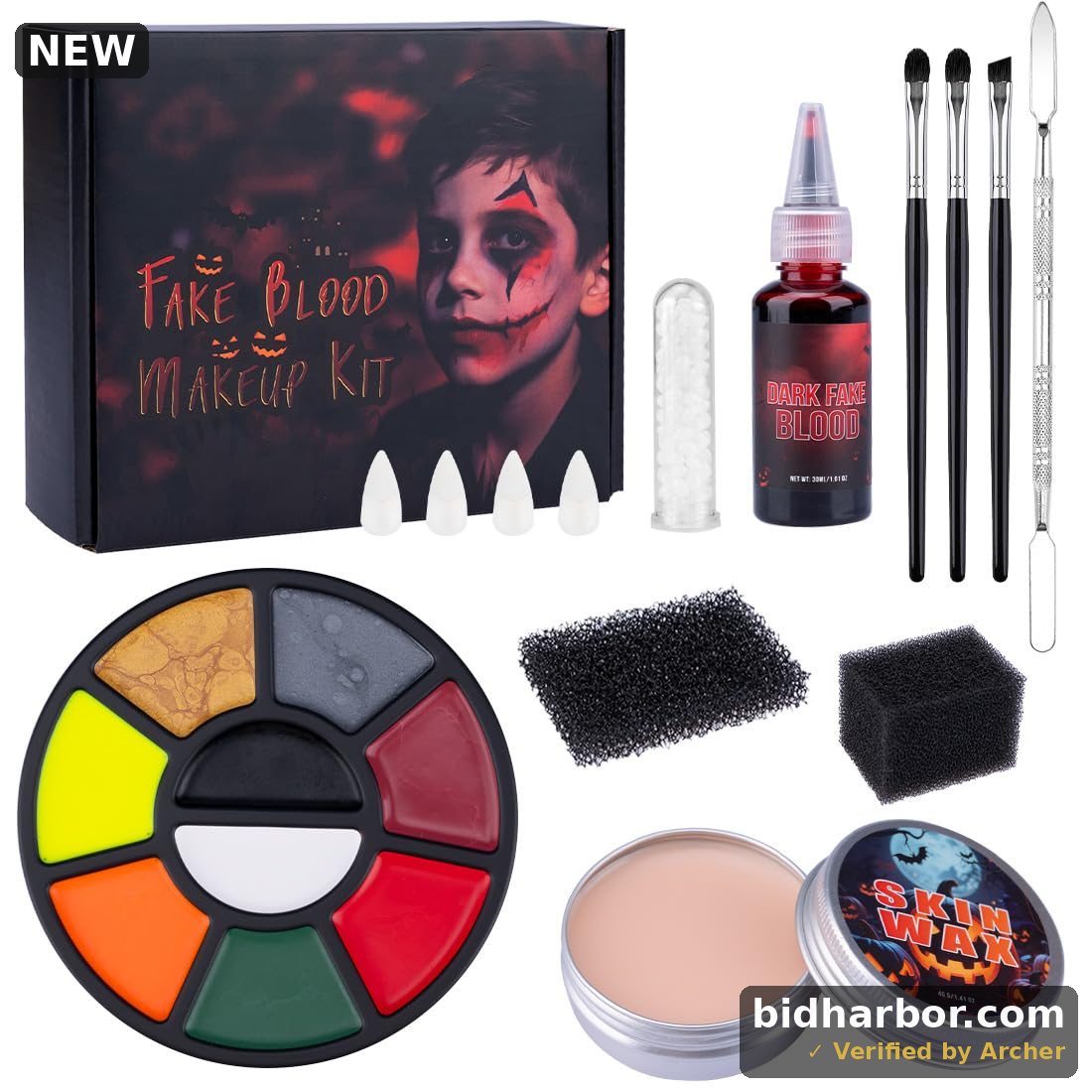 Halloween SFX Makeup Kit - 9 Colors Face Body Painting Kit+3 Pcs Artist Brushes+Scar Wax with Spatula Tool+ Fake Blood Splatter Spray+4 Pcs Fake Teeth+0.2oz False Teeth Beads+2 Pcs Stipple Spong