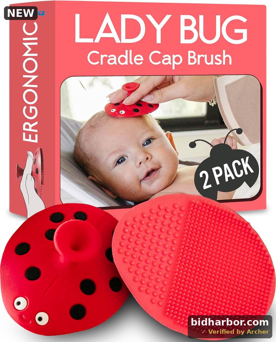 SplashEZ Cradle Cap Brush for Babies | Soothing Newborn Head Massager | Food-Grade Soft Silicone Baby Bath Brush &amp; Scalp Scrubber | Infant Cradle Cap Comb - Organic Shape &amp; Ladybug Design, 2-Pack