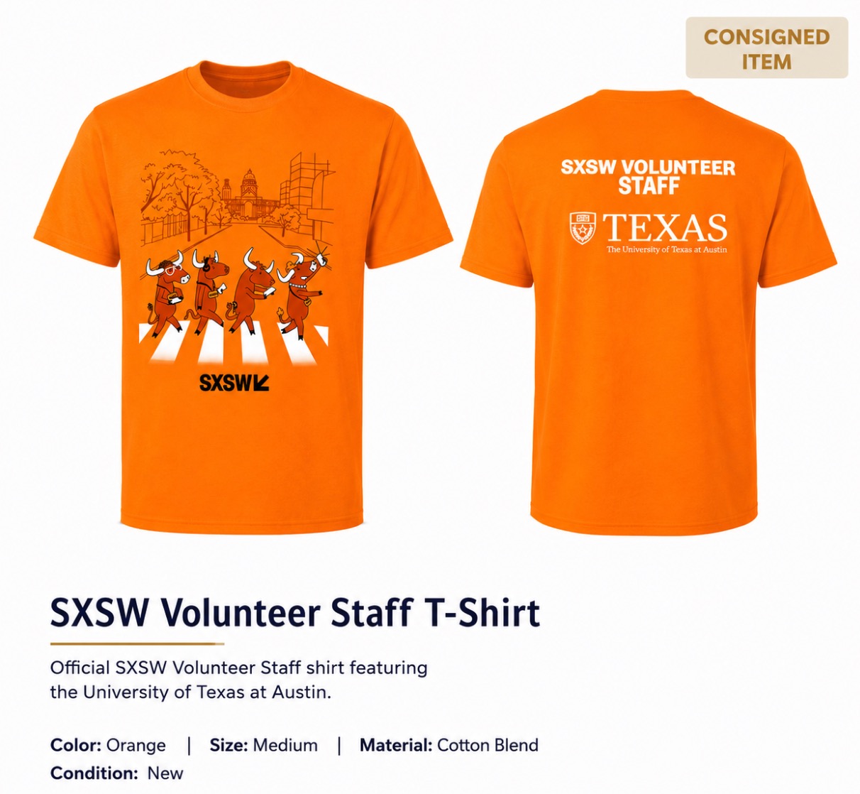 SXSW Volunteer Staff T-Shirt – University of Texas at Austin – Orange – Size Medium