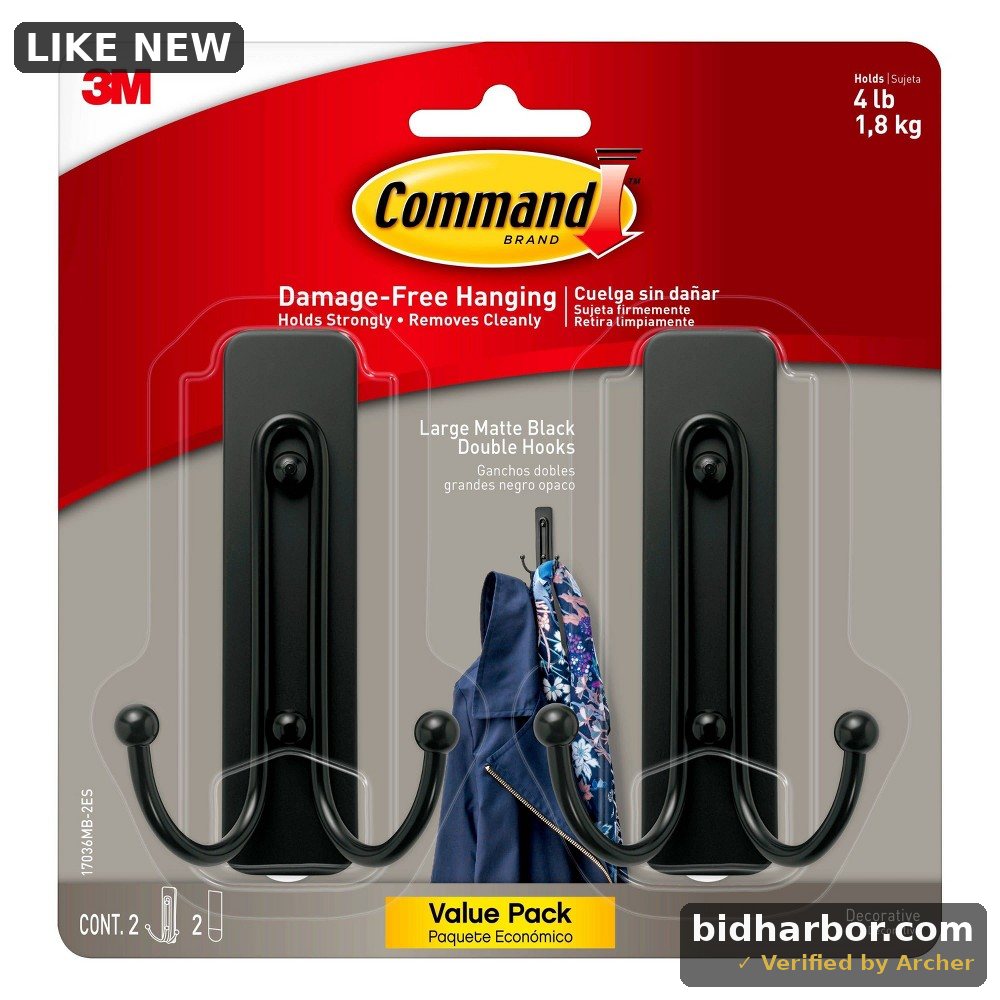 Command Large Matte Black Double Hooks, 2 Hooks and 2 Command Strips, Damage Free Hanging Wall Hooks with Adhesive Strips, No Tools Coat Hooks for Hanging Home Decor, Holds up to 4 lb