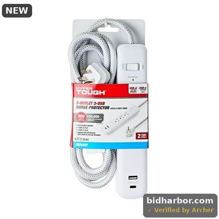 Hyper Tough Surge Protector Power Strip with USB-a & USB-C  3 Outlets  6 Ft Extension Cord  White