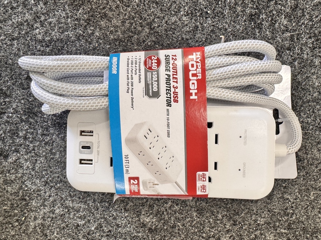 Hyper Tough USB Power Strip Surge Protector 12 Outlet USB Fast Charger 10ft Extension Cord White