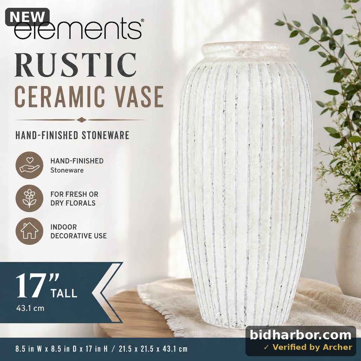 Elements Rustic Ceramic Vase – 17” Hand-Finished White Stoneware Vase – NEW