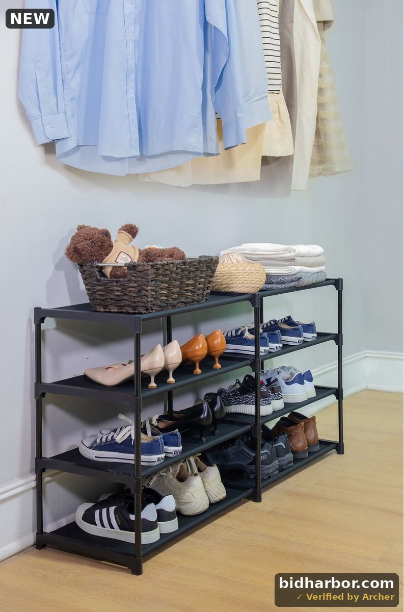 Mainstays 4-Tier Shoe Rack Storage Organizer  Rich Black  24 Pairs  Fabric Shelves  Iron Poles & Plastic Connectors