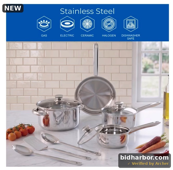 Mainstays Stainless Steel 10-Piece Cookware Set with Lids and Utensils