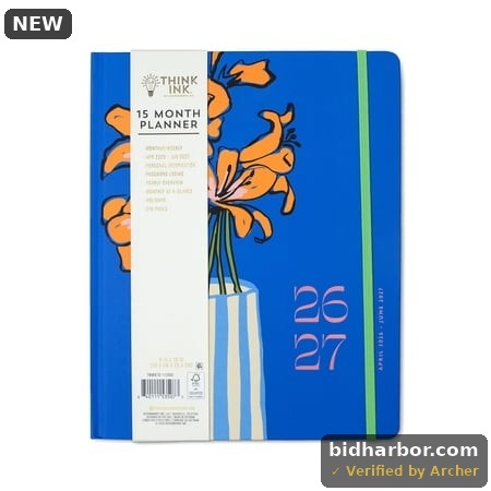 Think Ink Monthly Weekly 15 Month Blue Flower Vase April 2026 - June 2027 Planner