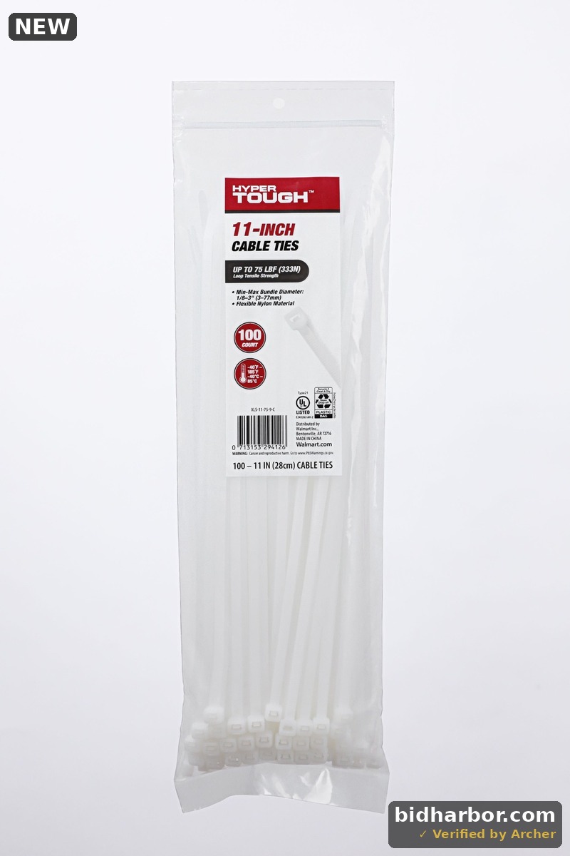 Hyper Tough 11 Inch Cable Tie 75lbs Natural Color 100Pcs