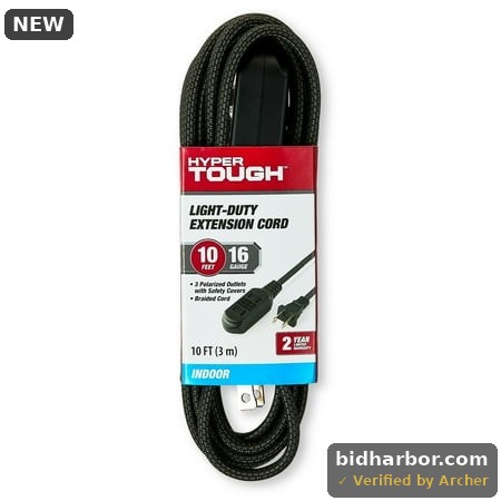 Hyper Tough Indoor Extension Cord 10 Ft with 3 Outlets  2 Prong  Braided Cord  Black