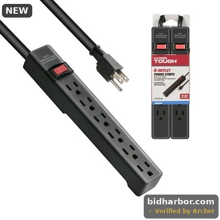 Hyper Tough Surge Protector Power Strip  6 Outlets  2.5 Ft Extension Cord  Grounded  Black  2-Pack