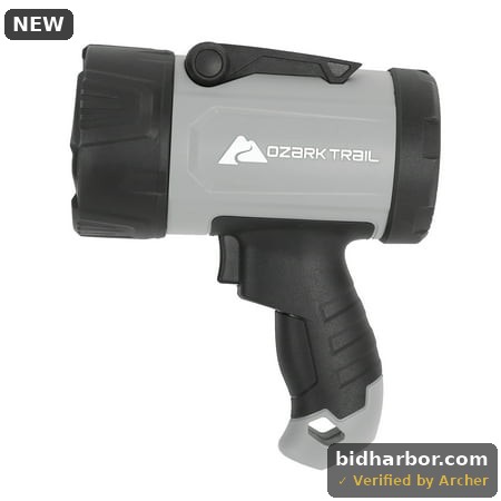 Ozark Trail 1000 Lumen LED Spotlight with Rubber Bumpers with Green Hunting Flashlight Light  AA Battery