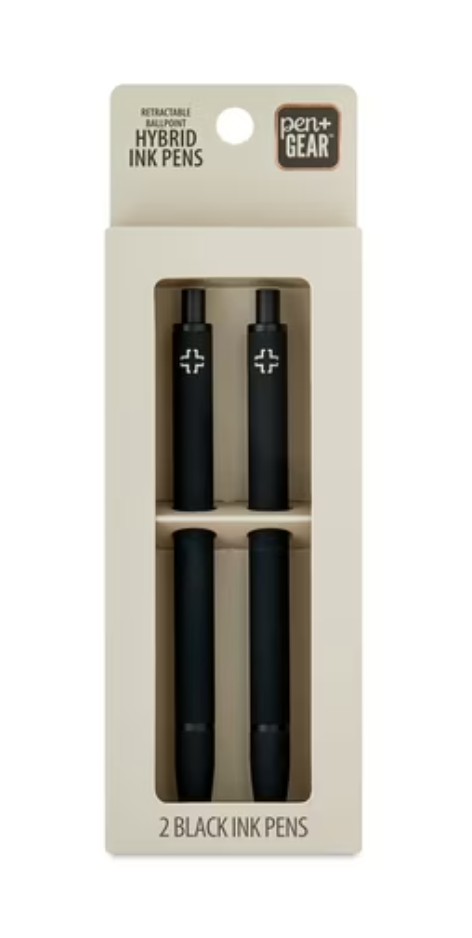 Pen+Gear Retractable Hybrid-Ink Ballpoint Pens, Black, 1 mm Medium Point, 2 Count