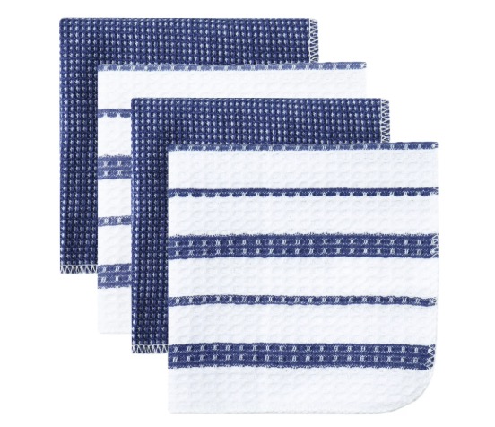Mainstays Cotton Waffle Dishcloths, Blue & White Striped, 12 x 12 in, 4 Pack