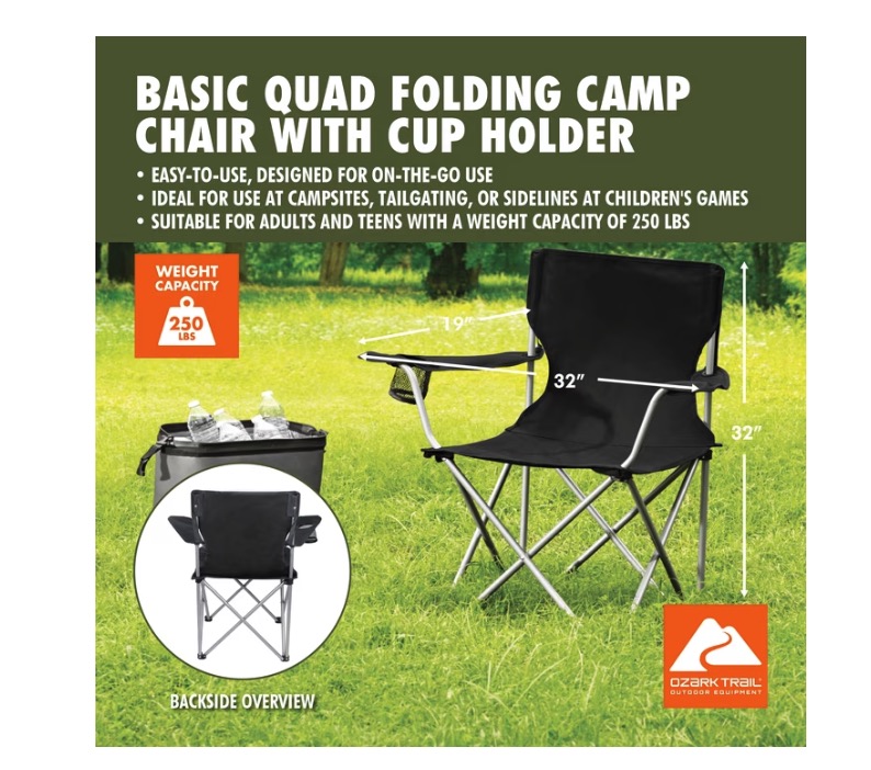 Ozark Trail Basic Quad Folding Camp Chair with Mesh Cup Holder and Carry Bag, Black