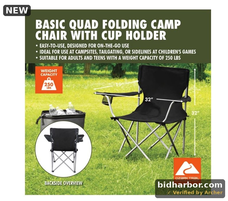 Ozark Trail Basic Quad Folding Camp Chair with Mesh Cup Holder and Carry Bag, Black