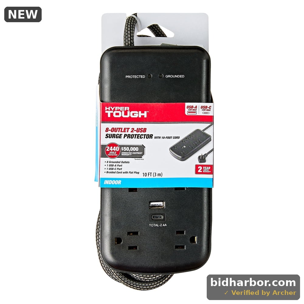Kingtec Vietnam Hyper Tough 8-Outlet 2-USB（1A+1C) Indoor Surge Protector 2440 J With 10 Braided Cord Low Profile Plug 15 A 125V Black