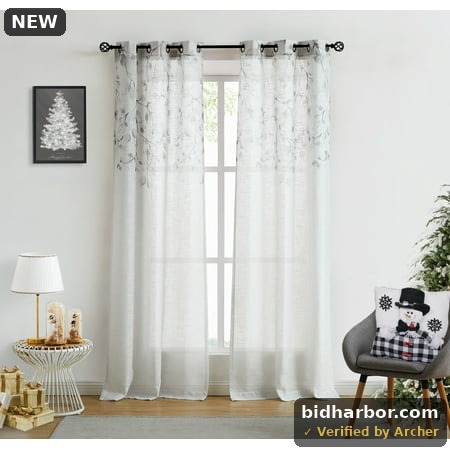 Uptown Home Leaf Rustic Gray Tan Textured Metallic Sheer Autumn Fall Grommet Top Curtains, 40x84, 2 Panels