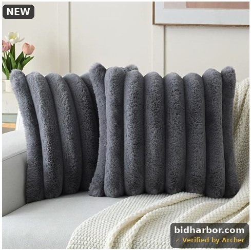 Pack of 2 Faux Rabbit Fur Throw Pillow Covers 26x26 Inch, Light Grey