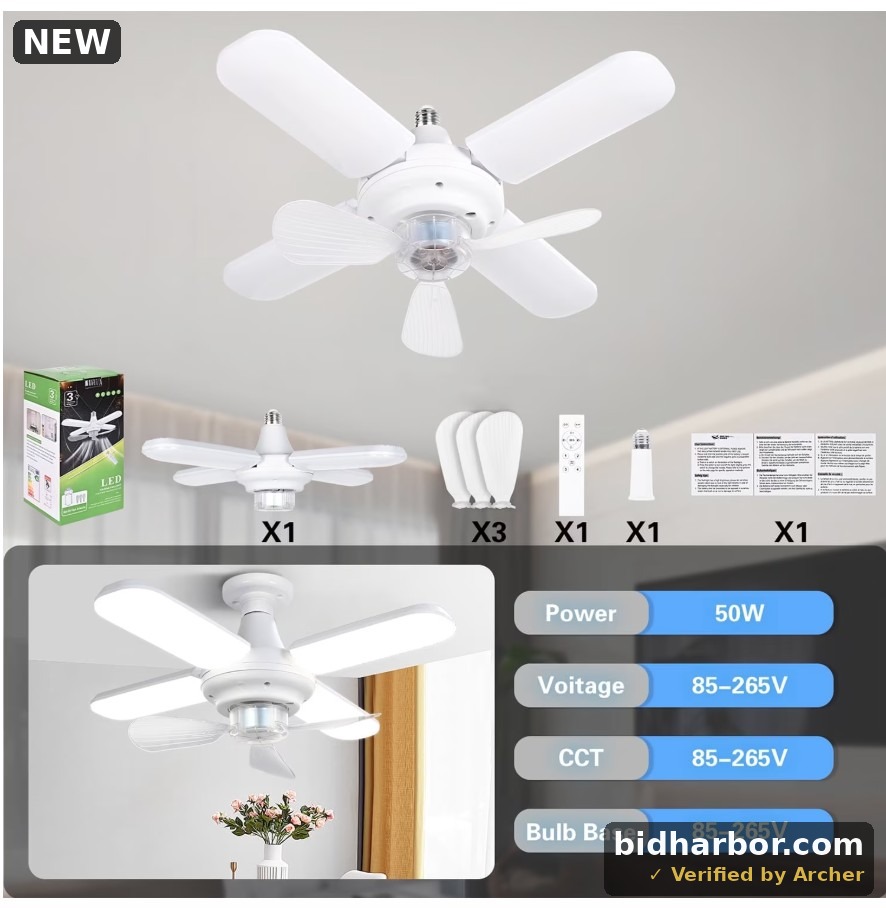 Natubeau 50W Deformable Shop Lights with 4 Adjustable Panels, 2-in-1 Screw-in Ceiling Fan Light, E26/E27 LED Ceiling Light for Bedrooms, Kitchens, Living Rooms, Garages