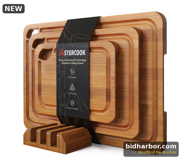 Astercook 4-Piece Bamboo Cutting Board Set with Holder, Deep Carbonized Wood Chopping Boards for Kitchen with Juice Groove and Handles, Knife-Friendly Charcuterie Boards for Meal Prep and Serving