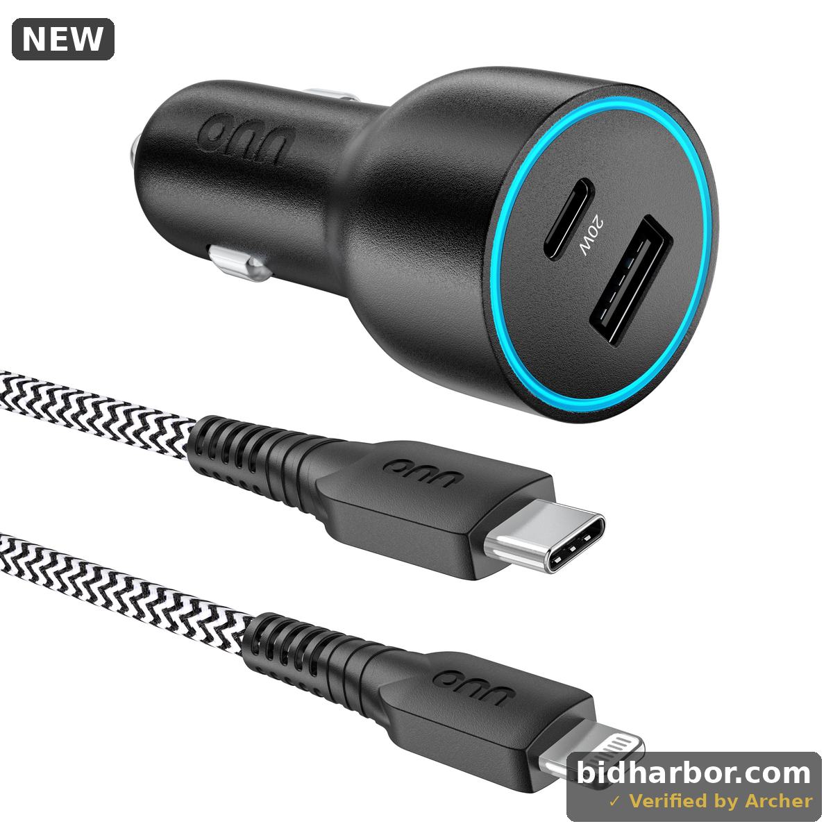 Onn 32W Dual USB-C and USB-a Port Car Charger with 3ft C-Lighting Cable MFI & USB-IF Certified Black - Compatible with iPhone 14/13/12/11/X/XR/XS/8/