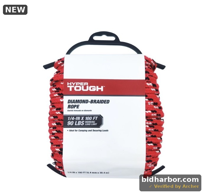Hyper Tough Diamond Braided Poly Rope, Red, 1/4 Inch X 100 Feet