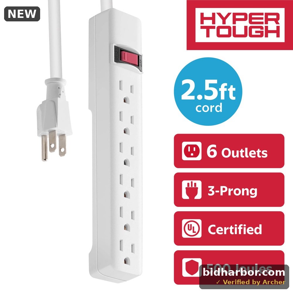 Kingtec Vietnam Hyper Tough Indoor 6-Outlet 2.5ft 500J Surge Protector White 15A 125V