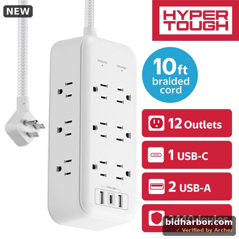 Hyper Tough USB Power Strip Surge Protector 12 Outlet USB Fast Charger 10ft Extension Cord White