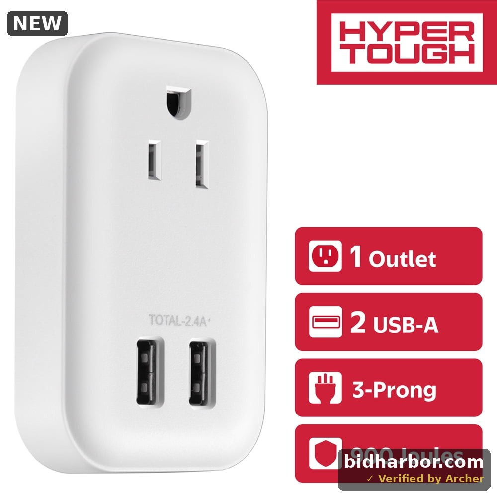 Hyper Tough USB Outlet Extender & Surge Protector 1 Outlet Splitter With 2 USB-A Ports White