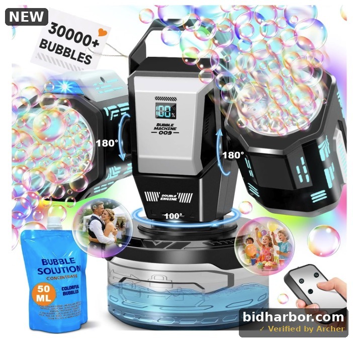 Rechargeable Bubble Machine with RGB Lights & Remote Control – 30,000 Bubbles/Min – NEW