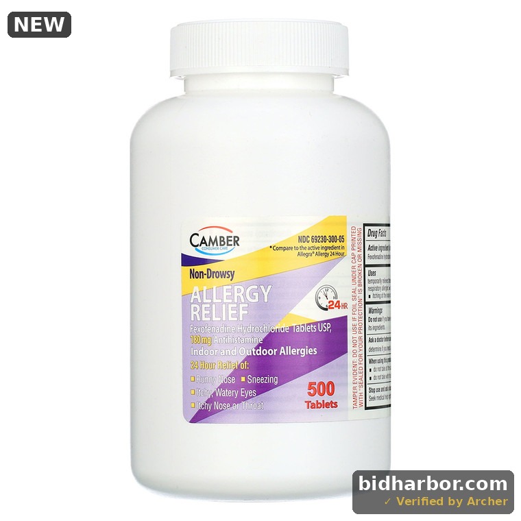 Camber 24‑Hour Non‑Drowsy Allergy Relief — Fexofenadine HCl 180 mg, 500 Tablets (Family Size)