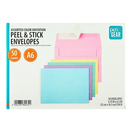 Pen+Gear A6 Invitation Peel and Stick Envelopes Assorted Colors 4.75 in X 6.5 in 50 Count
