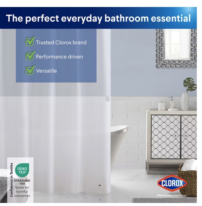 Clorox Shower Curtain Liner Heavyweight Waterproof PEVA with Metal Grommets 72" x 72" Frosty