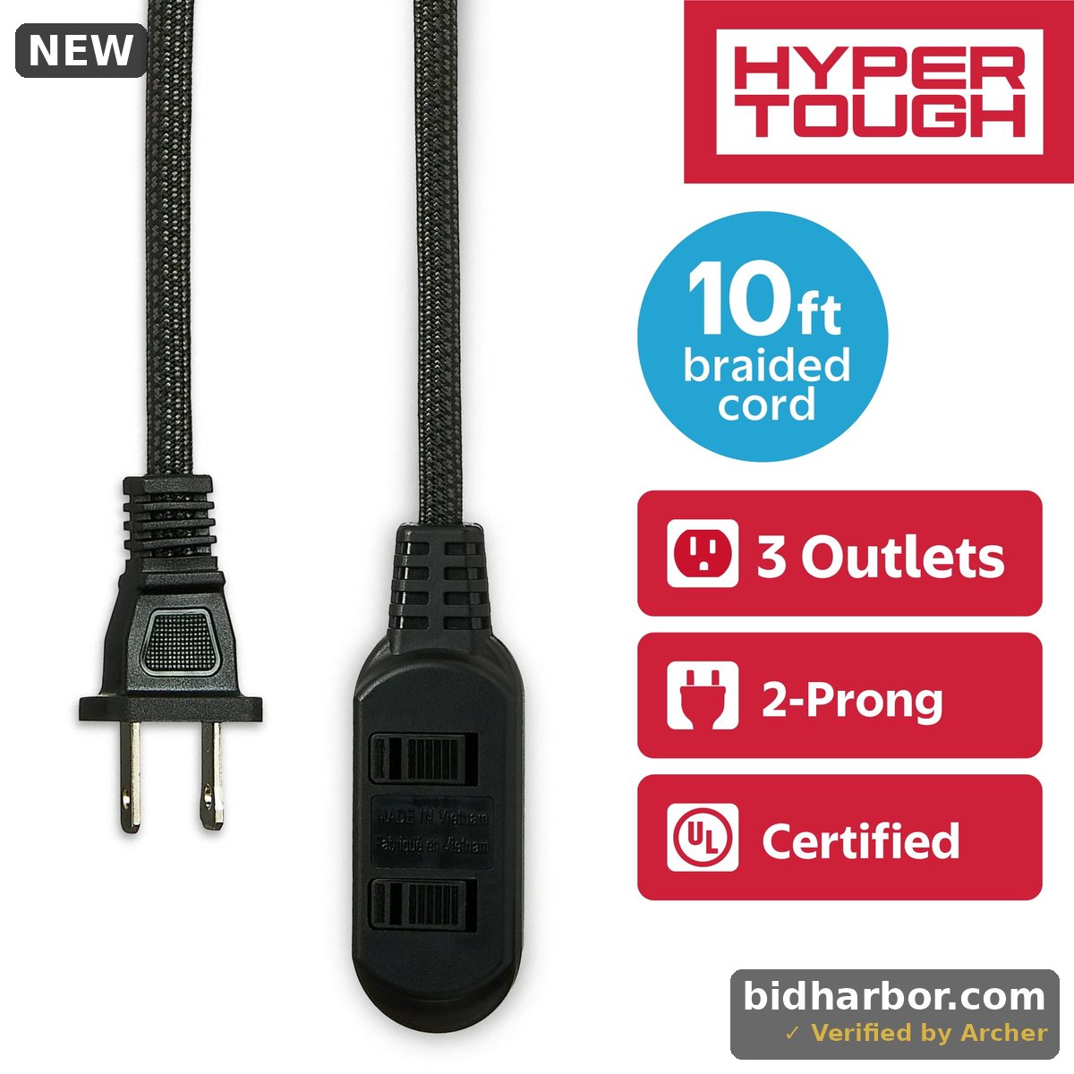 Hyper Tough 3-Outlet Indoor Power Strip With 2' Braided Cord, Black
