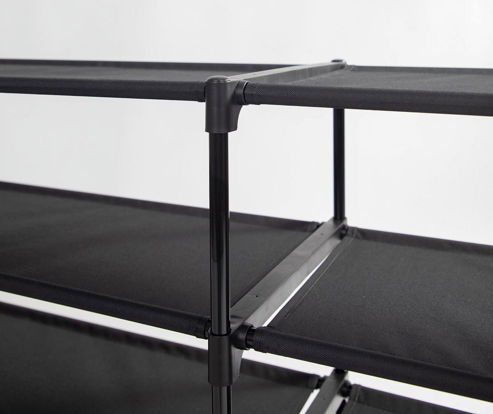 Mainstays 4-Tier Shoe Rack Storage Organizer  Rich Black  24 Pairs  Fabric Shelves  Iron Poles & Plastic Connectors