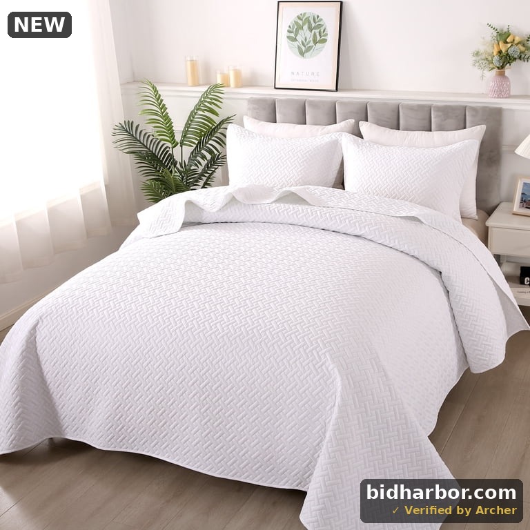 JUSTLET 3-Pieces White Linear Weave Quilt Bedding Sets, Queen