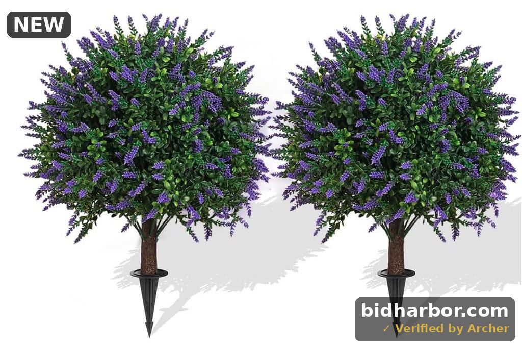 Lyacmy 2 Pack 19.7in Artificial Flowers Topiary Ball Trees for Outdoors, UV Resistant Lifelike Morning Glory Fake Bushes Plants with Ground Spike for Porch Garden Decor