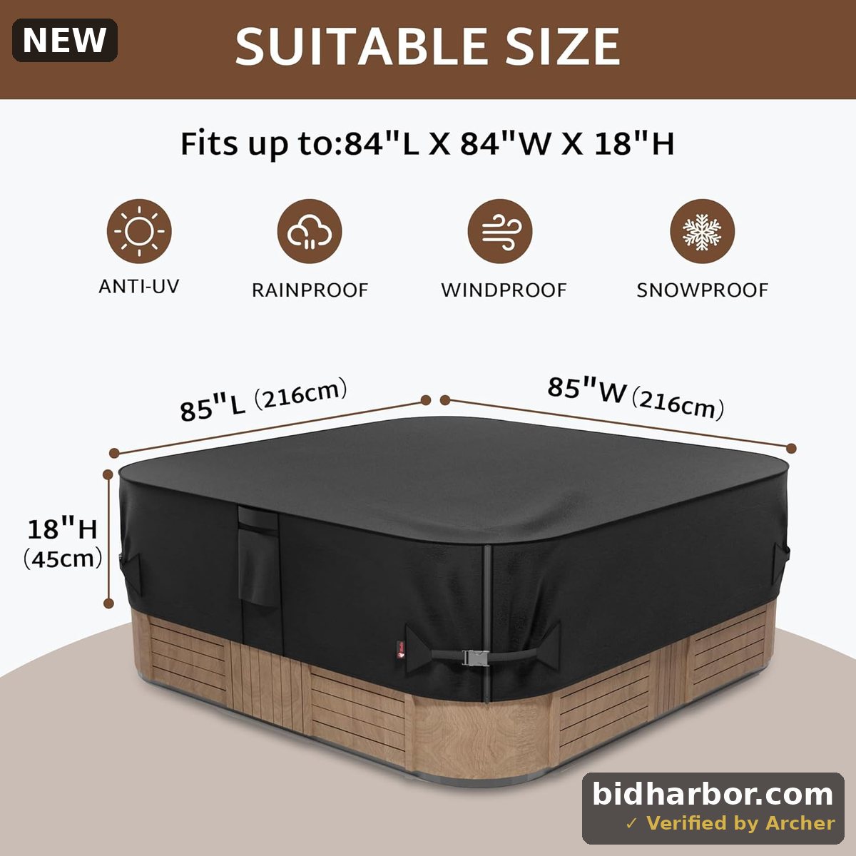 iBirdie Outdoor Waterproof Hot Tub Cover, 85 x 85 x 18 in, Heavy-Duty Square Spa Cover