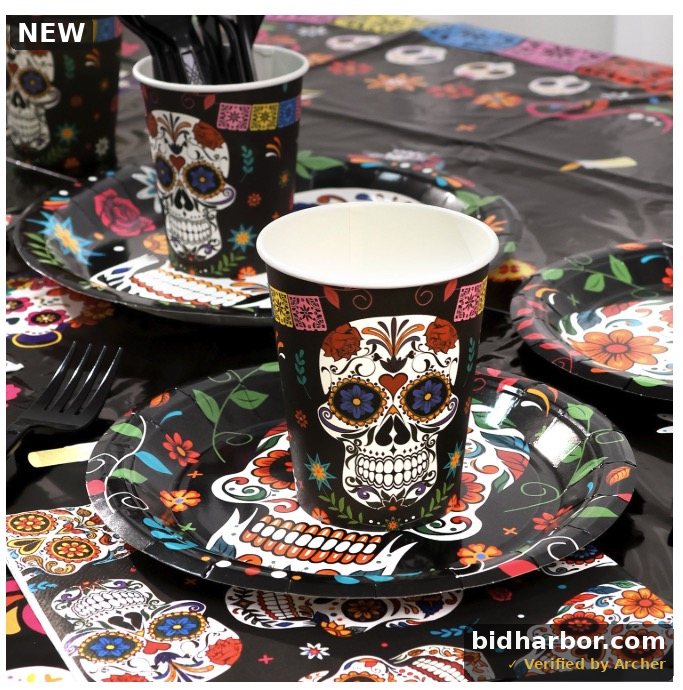 Ayieyill 170-Piece Day of the Dead Party Kit for 24 Guests, Sugar Skull Plates, Cups, Napkins, Cutlery, Banner and Tablecloth