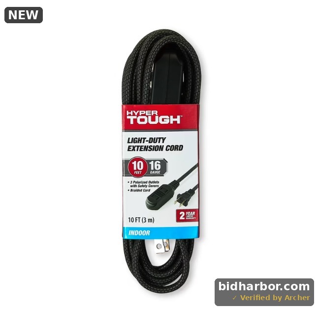 Hyper Tough Indoor Extension Cord 10 Ft with 3 Outlets 2 Prong Braided Cord Black